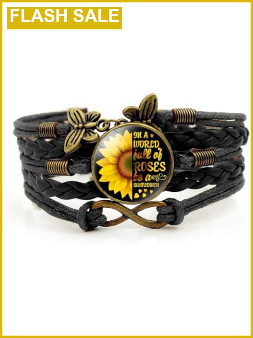 Boho Leather Wrap Bracelet with Sunflower Glass Cabochon & Charms